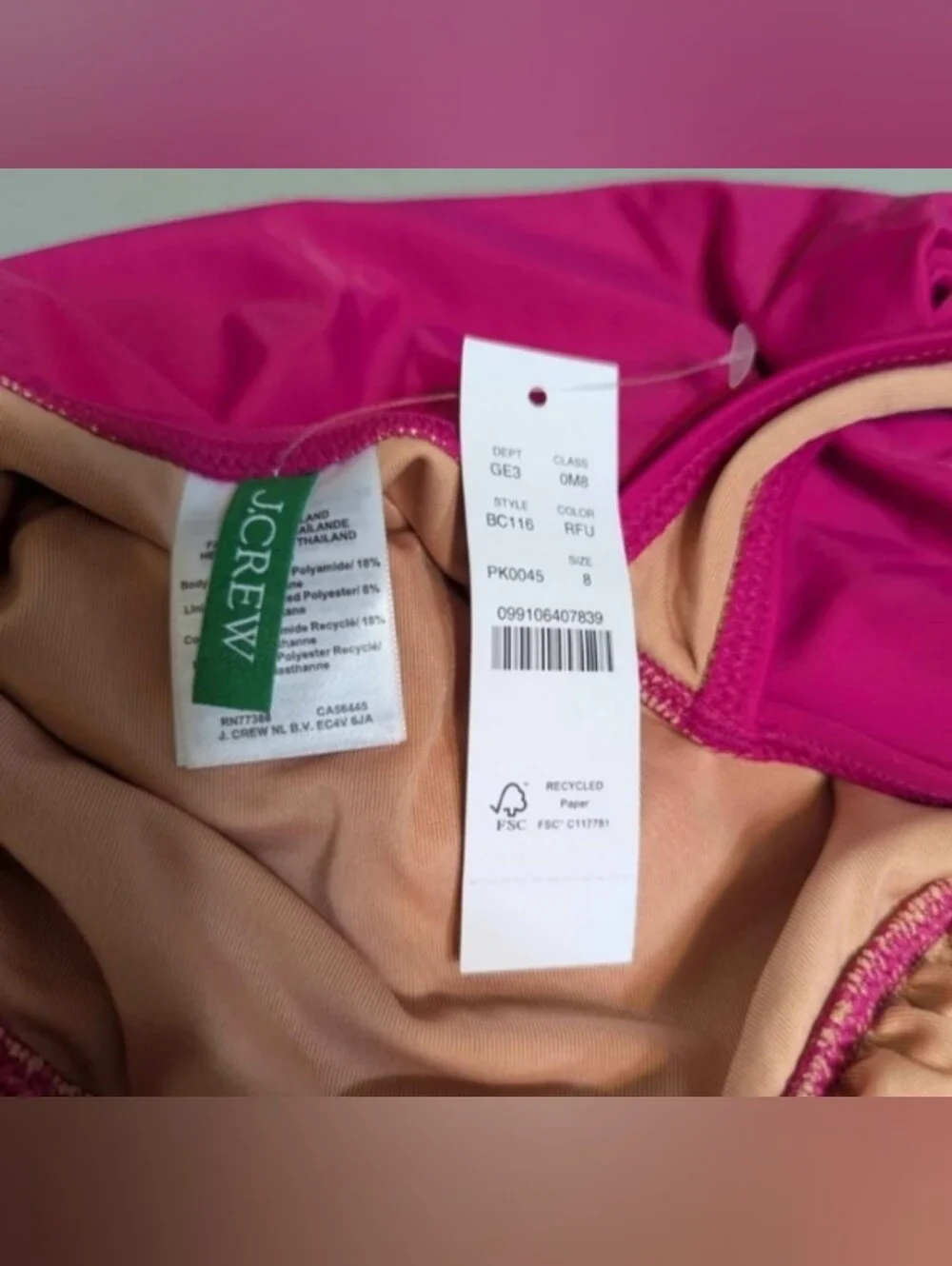 NWT J. Crew pink ruched swimsuit, size 8
